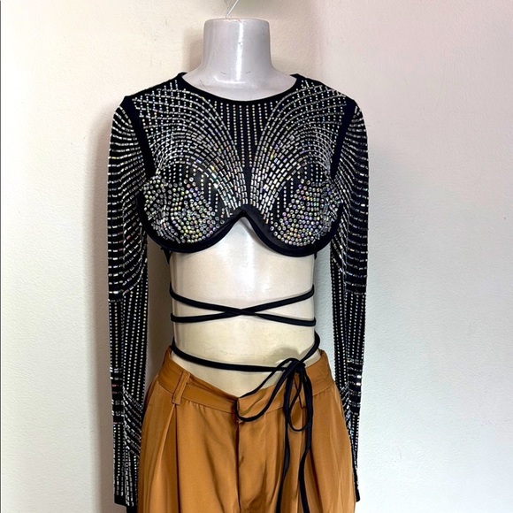(A5) BAJUL Sheer Crop Top with Rhinestones and Trim, Size M - Picture 2 of 10